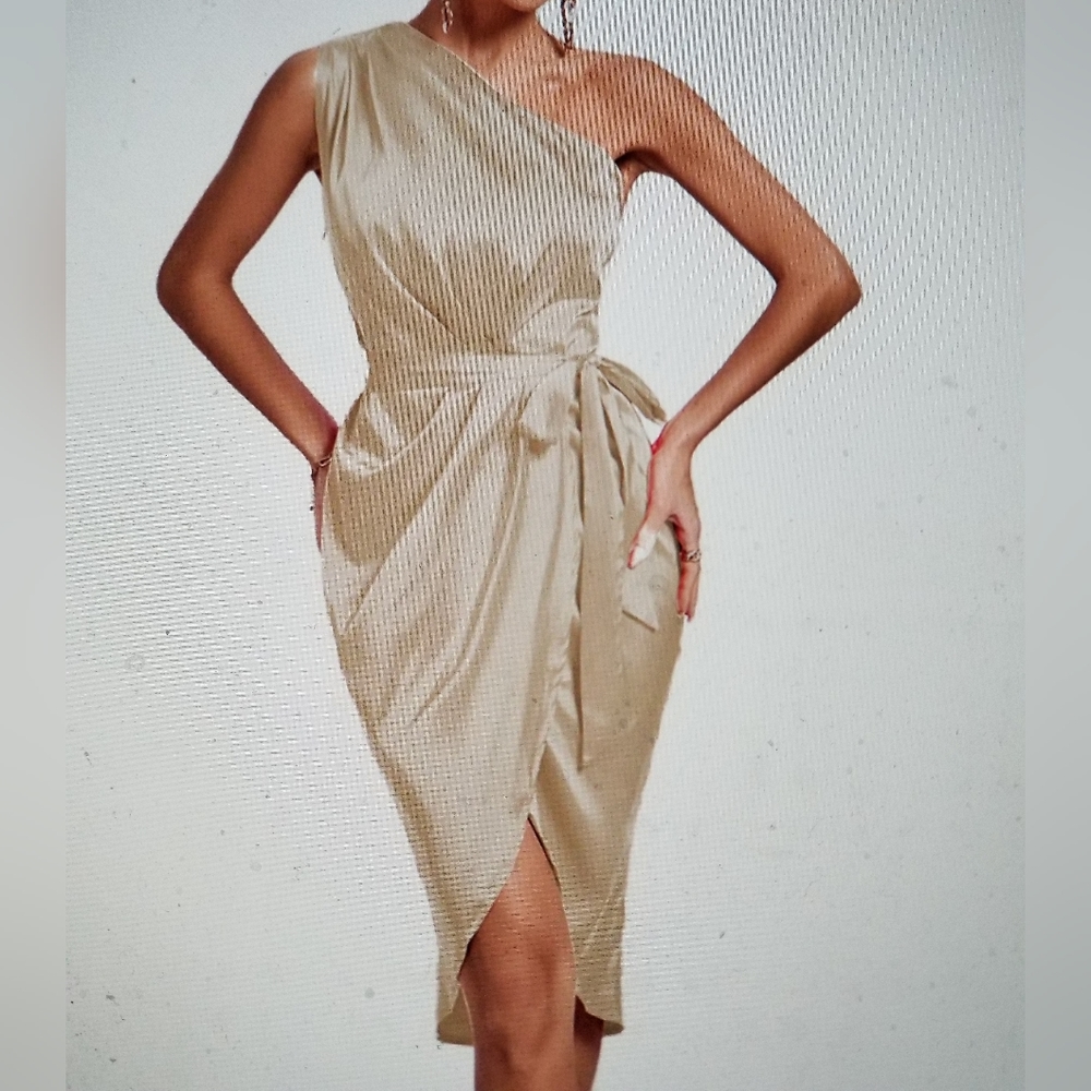 ELEGANT PARTY ONE SHOULDER RUCHED SPLIT WRAP HAM SLEEVELESS DRESS - Picture 6 of 12